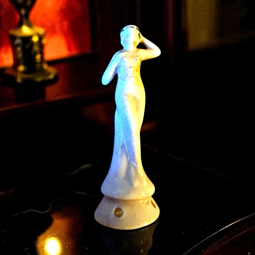 German Glazed Porcelain Bathing Beauty Half Doll Pin Cushion Figurine 1920s 3”